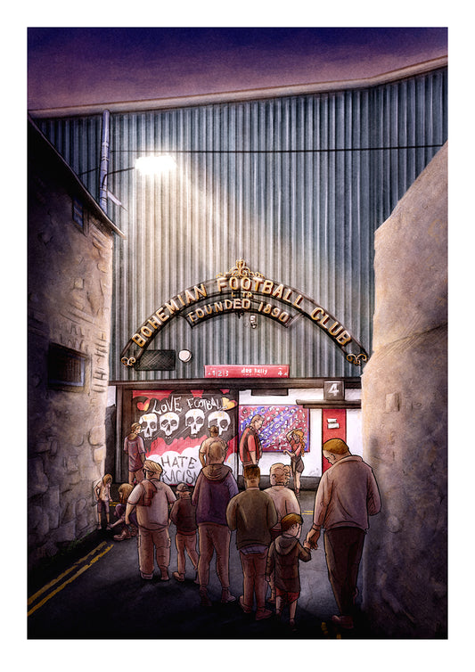 Atmospheric artwork of Dalymount Park under floodlights on match night home of Bohemian FC – Print Detail | Barry Masterson